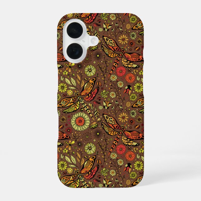 Coque iPhone 16 Vole, vole libellule sur brun cannelle (Verso)