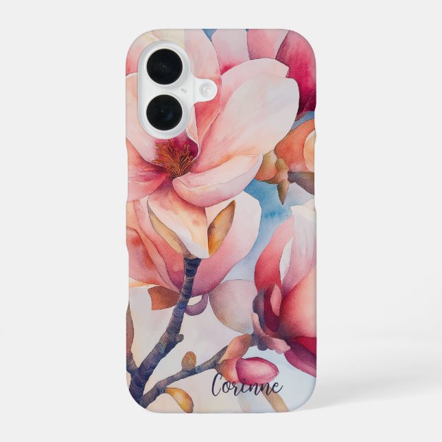 Coque iPhone 16 Votre nom Élégant Magnolia Rose Fleurs (Verso)