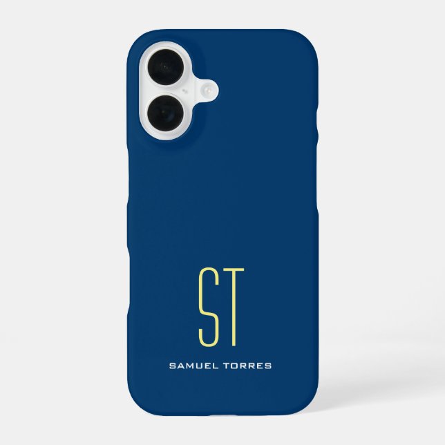 Coque iPhone 16 Votre nom moderne clair simple bleu jaune monogram (Verso)