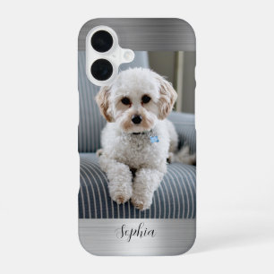 Coque iPhone 16 Votre photo, métal faux argenté et nom en écriture