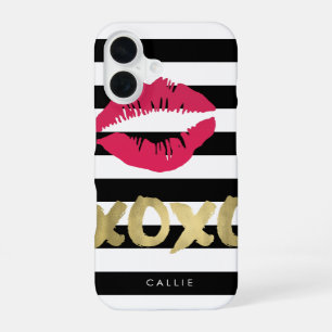 Coque iPhone 16 XOXO Empreinte de lèvres rose Rayure noir et blanc