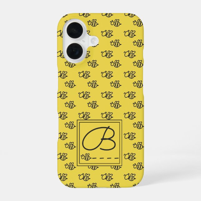 Coque iPhone 16 Yellow Summer Bees Monogramme Motif (Verso)