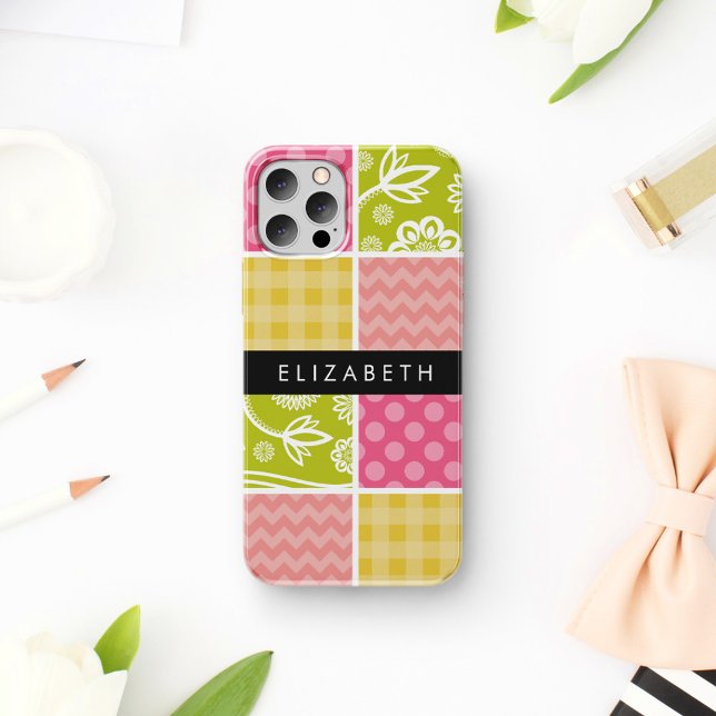 Coque iPhone 16 Zigzag, Chevron, Points, Vichy, Votre Nom (Créateur téléchargé)