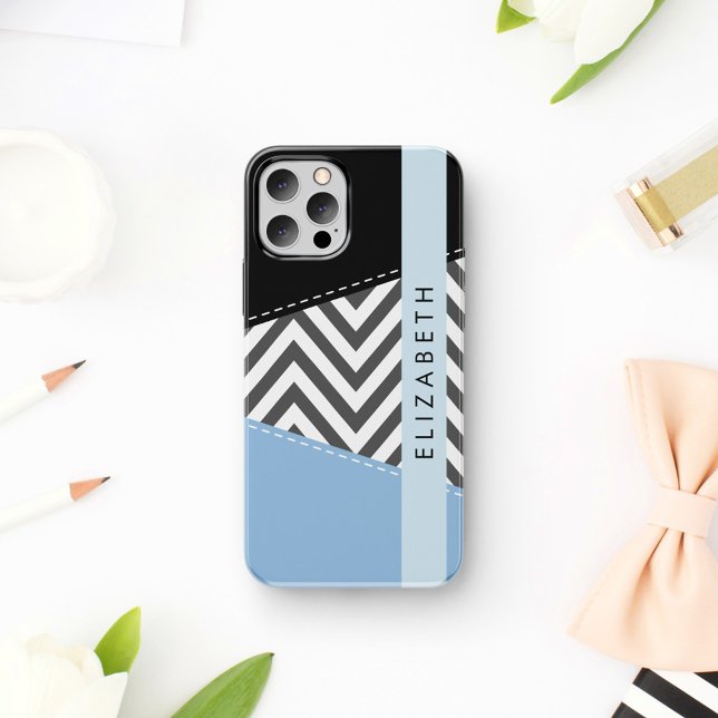 Coque iPhone 16 Zigzag gris, Chevron gris, Bleu, Votre nom (Créateur téléchargé)