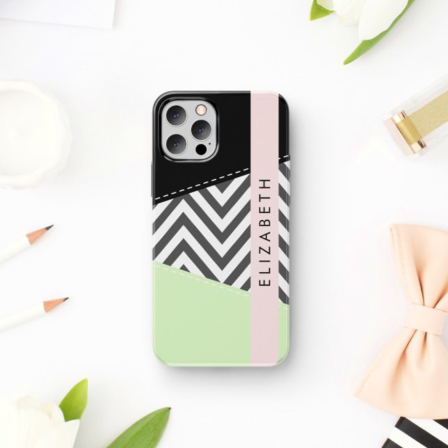 Coque iPhone 16 Zigzag Gris, Chevron Gris, Menthe, Votre Nom (Créateur téléchargé)