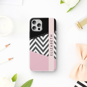 Coque iPhone 16 Zigzag gris, Chevron gris, Rose, Votre nom