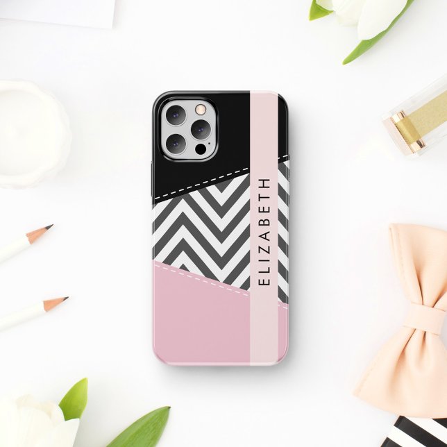 Coque iPhone 16 Zigzag gris, Chevron gris, Rose, Votre nom (Créateur téléchargé)