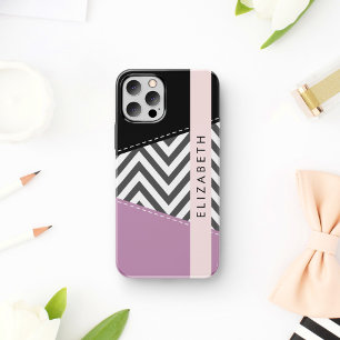 Coque iPhone 16 Zigzag gris, Chevron gris, Violet, Votre Nom