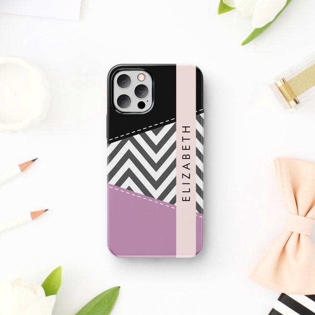 Coque iPhone 16 Zigzag gris, Chevron gris, Violet, Votre Nom (Créateur téléchargé)