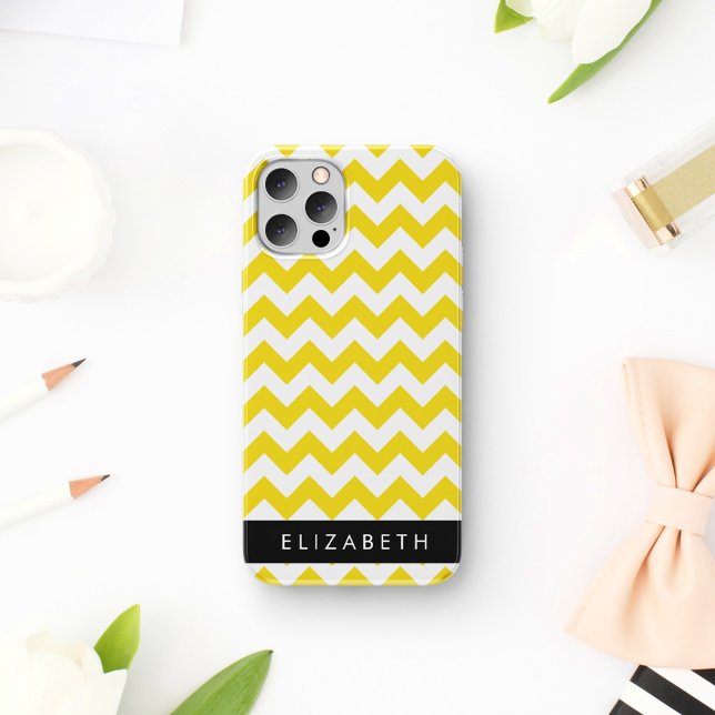Coque iPhone 16 Zigzag Jaune, Chevron Jaune, Votre Nom (Créateur téléchargé)