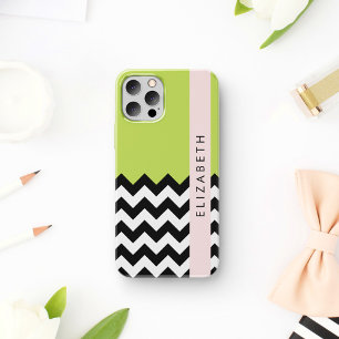 Coque iPhone 16 Zigzag noir et blanc, Chevron, Vert, Votre nom