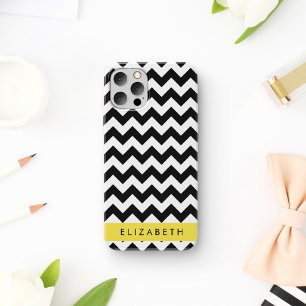 Coque iPhone 16 Zigzag noir et blanc, Motif Chevron, Votre nom