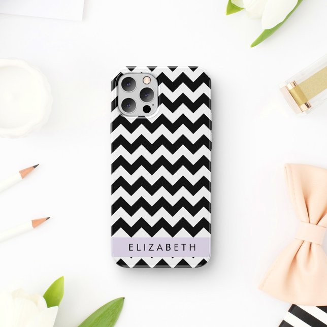 Coque iPhone 16 Zigzag noir et blanc, motif chevron, votre nom (Créateur téléchargé)