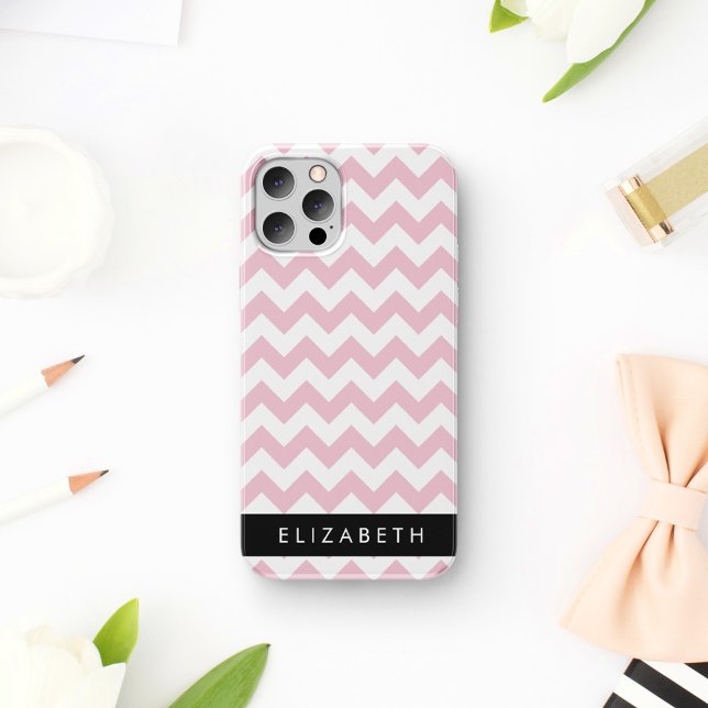 Coque iPhone 16 Zigzag rose, Chevron rose, Motif vague, Votre nom (Créateur téléchargé)