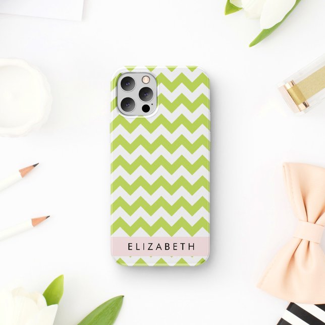 Coque iPhone 16 Zigzag Vert, Chevron Vert, Votre Nom (Créateur téléchargé)
