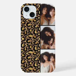 Coque iPhone 15 Plus 3 Photo Brun Et Imprimé Léopard Doré
