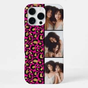 Coque iPhone 16 Pro Max 3 Photo Rose Chaud Et Imprimé Léopard Doré
