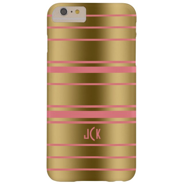 Coque iPhone 6 Plus Barely There Monogram Gold & Pink Stripes Design moderne (Dos)
