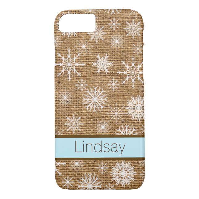 Coque iPhone 7 | Burlap FAUX, Snowflakes (Dos)