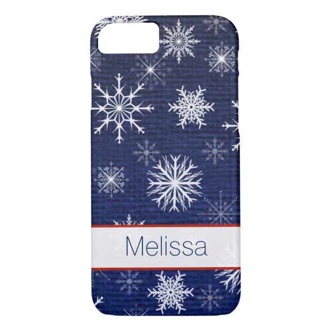 Coque iPhone 7 | Faux Burlap | Snowflakes - Marine (Dos)