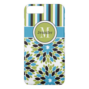 Coque iPhone 7 Floral, Rayures Bleu, Vert