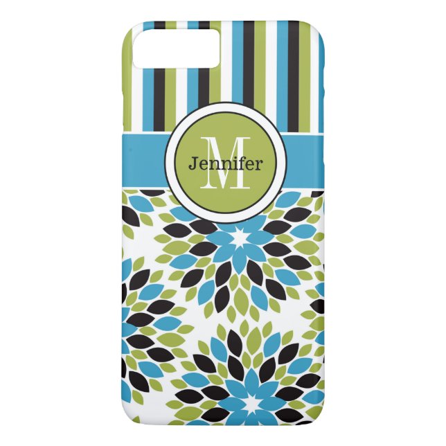 Coque iPhone 7 | Floral, Rayures | Bleu, Vert (Dos)