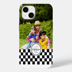 Coque Pour iPhone 14 à damiers photo personnalisée et monogramme