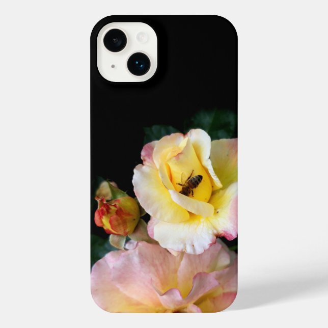 Coque iPhone Abeille sur roses rose jaune Fleurs (Verso)