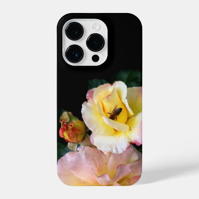 Coque iPhone Abeille sur roses rose jaune Fleurs (Verso)