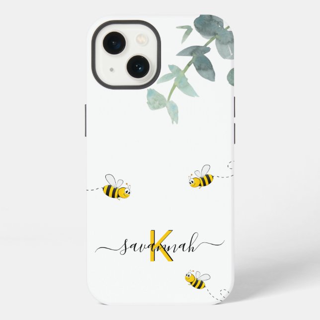 Coque iPhone Abeilles eucalyptus verdure monogramme blanc (Verso)