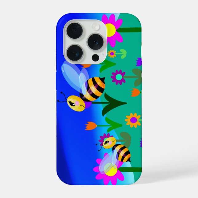 Coque iPhone Abeilles heureuses dans un champ de fleurs (Verso)