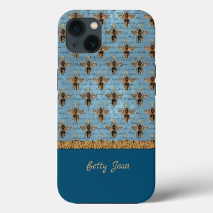 Etui iPhone 13 Abeilles vintages sur Damas bleu avec écriture man