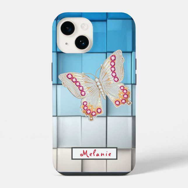 Coque iPhone Abstract blue toned cubes Butterfly  Monogram  (Verso)