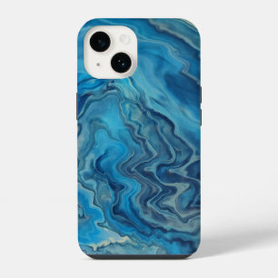 Coque Pour iPhone 14 Abstraction Acrylique Marbre Bleu Cyan Blanc