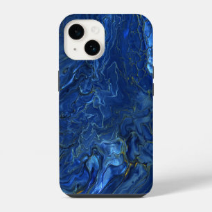 Coque Pour iPhone 14 Abstraction Acrylique Marbre Bleu Marine et Or Fau