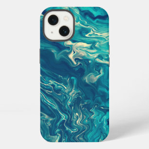Etui iPhone 13 Abstraction acrylique marbrée bleu et blanc