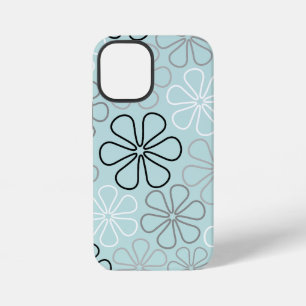 Coque iPhone 12 Mini Abstrait Big Flower Outlines BWG+Duck Egg Blue