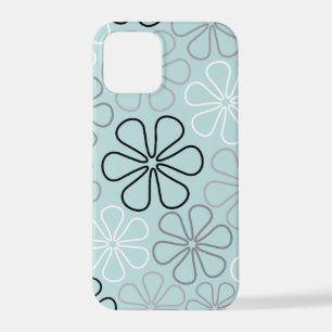 Coque iPhone 12 Pro Abstrait Big Flower Outlines BWG+Duck Egg Blue