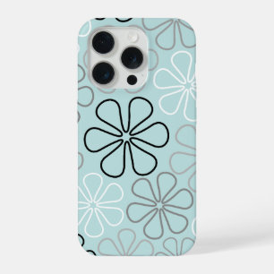Coque iPhone 15 Pro Abstrait Big Flower Outlines BWG+Duck Egg Blue