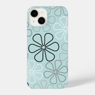 Coque Pour iPhone 14 Abstrait Big Flower Outlines BWG+Duck Egg Blue