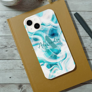 Coque Pour iPhone 14 Abstrait blanc Turquoise Paint Chic Script Nom