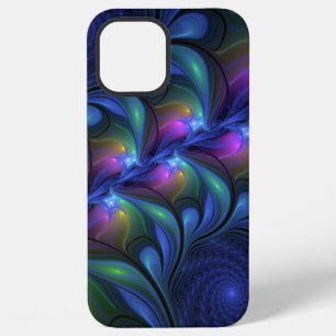 Coque iPhone 12 Pro Max Abstrait Bleu Rose Vert Fractal Lumineux Coloré