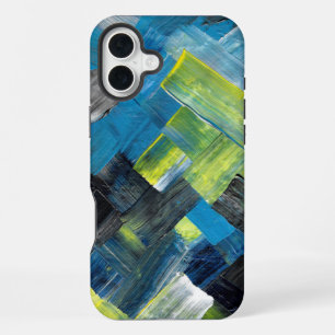 Coque iPhone 16 Plus Abstrait géométrique à coups de pinceau bleus et j