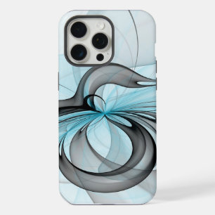 Coque iPhone 15 Pro Max Abstrait Gris Bleu Anthracite Art Fractal Moderne