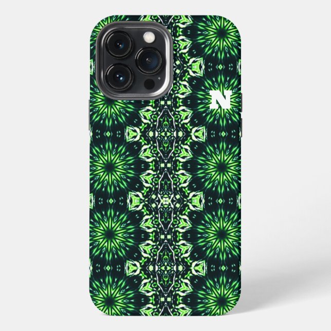 Coque iPhone Abstrait moderne Motif d'art fractal vert initial (Verso)