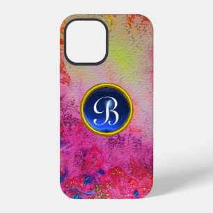 COQUE iPhone 12 ABSTRAIT MONOGRAMME DE GEMME BLEUE FLEURALE ROSE V