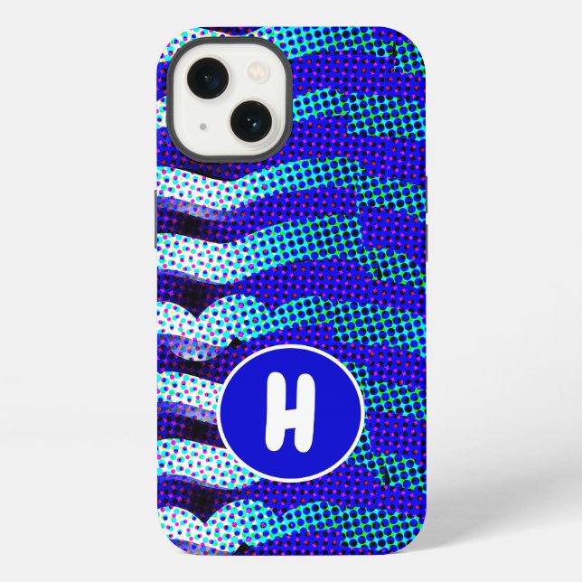 Coque iPhone Abstrait Motif de vague funky bleu, vert monogramm (Verso)