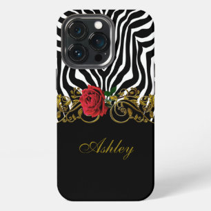 Etui iPhone 13 Pro Abstraite Fleur Zèbre Rouge Noir Blanc Or