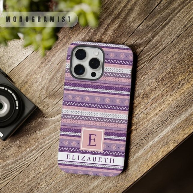 Coque iPhone Açtec blanc foncé rose foncé personnalisable (Customizable Light Dark Pink Purple White Aztec iPhone Case)