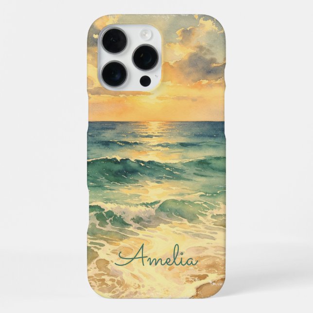 Coque iPhone Aesthetic Beach Sunset Watercolor Custom Name (Verso)